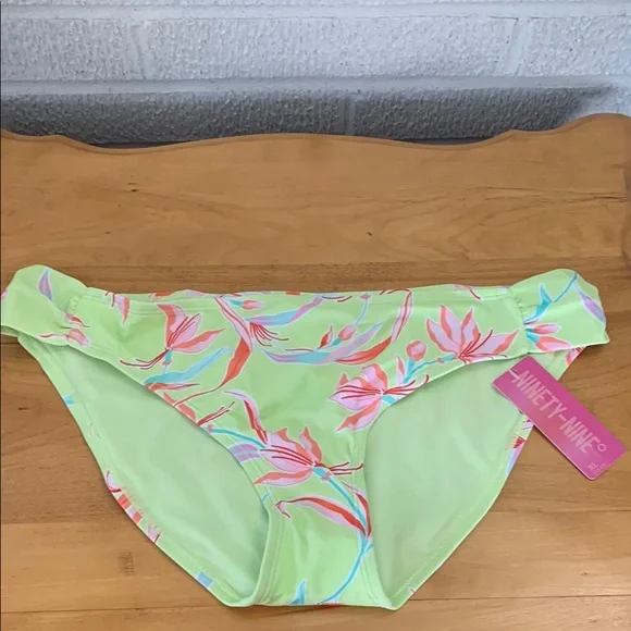 Ninety-Nine° Juniors XL Ruched High Side Hipster Swim Bottoms Lime Green Floral - Picture 1 of 6